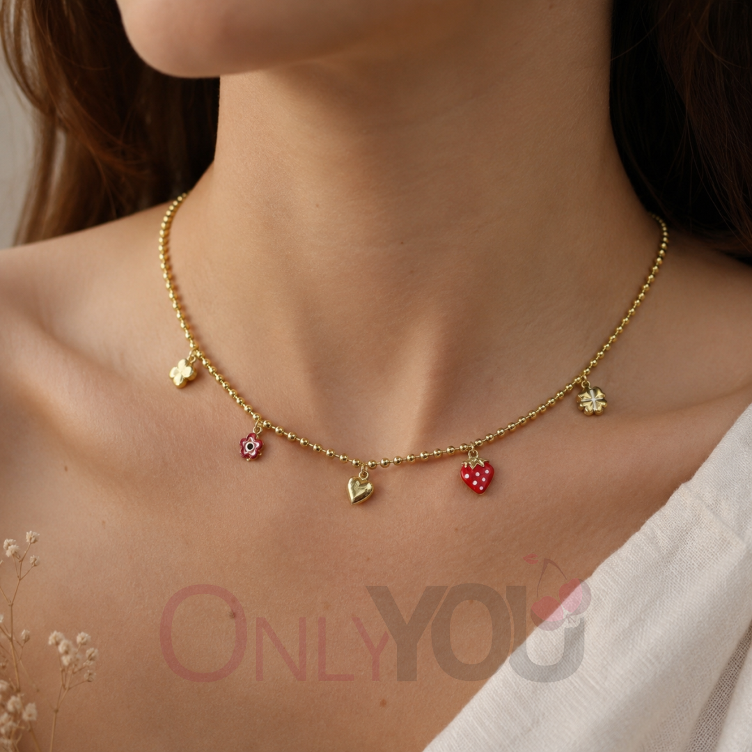Колие чокър с червени мъниста и  висулки 2536-8 Strawberry