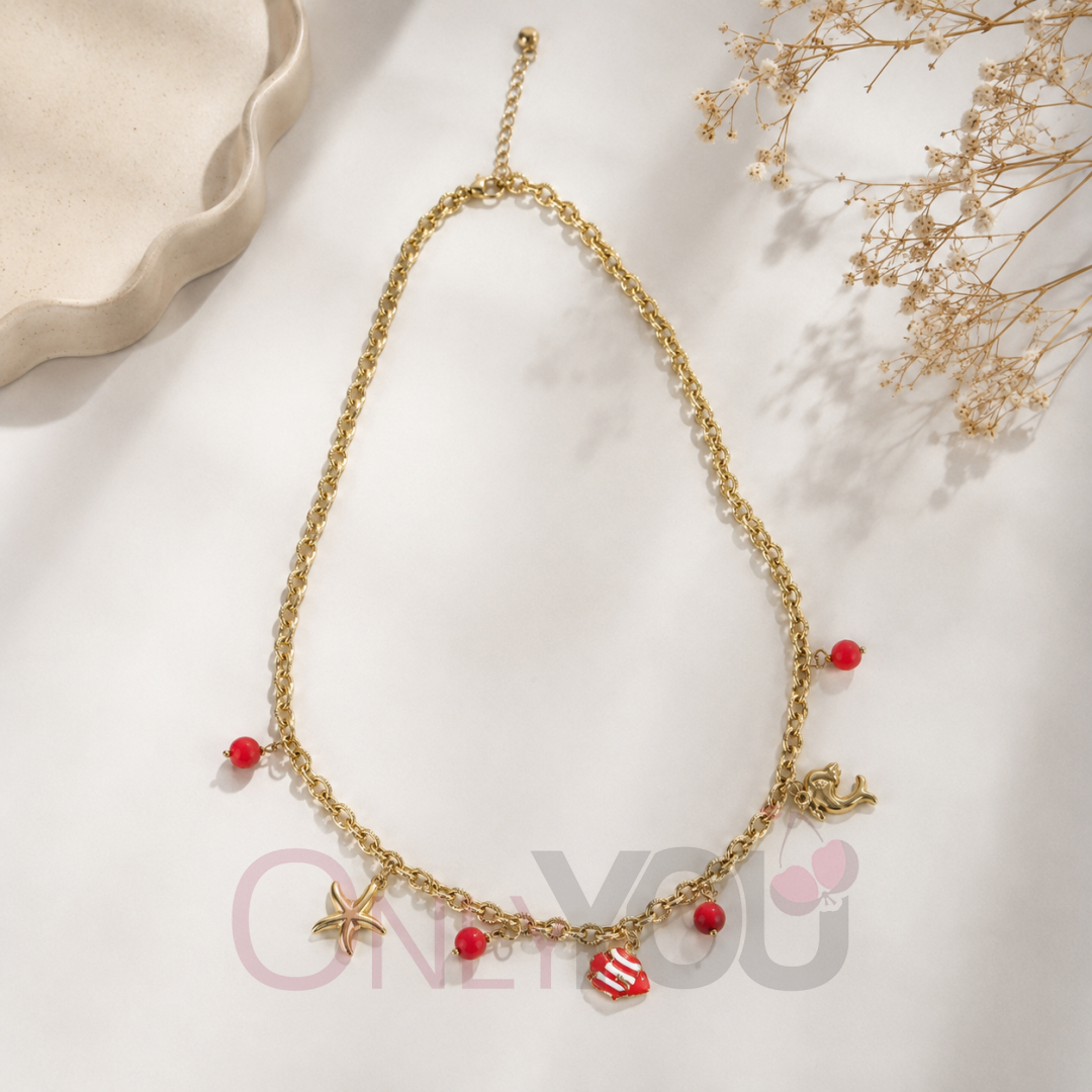 Колие чокър с червени мъниста и  висулки 2536-11 Sea Necklace