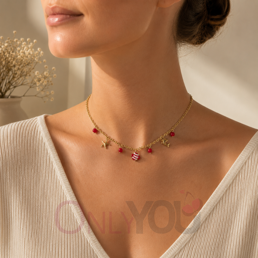 Колие чокър с червени мъниста и  висулки 2536-11 Sea Necklace