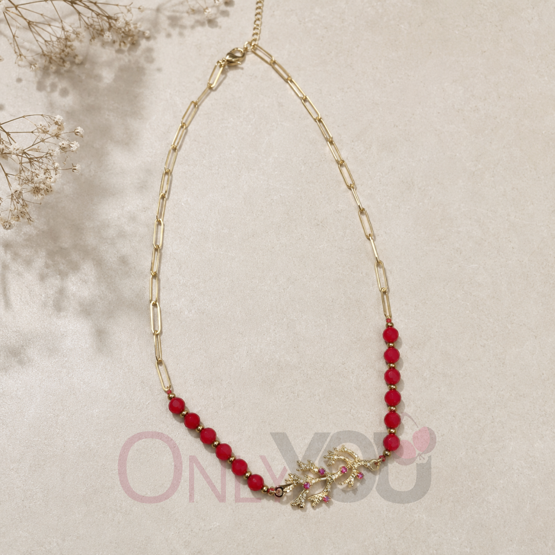 Колие чокър с червени мъниста и  висулки 2536-12 Golden Coral