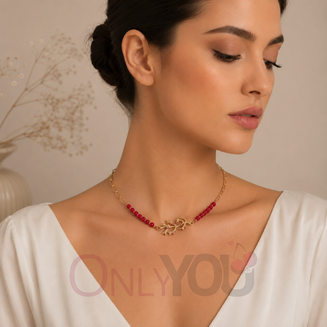 Колие чокър с червени мъниста и  висулки 2536-12 Golden Coral