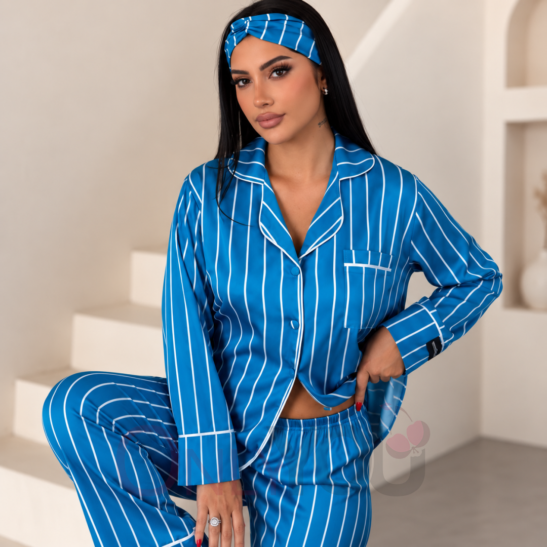 Дамска сатенена пижама с копчета 2600386 Petrol Stripe