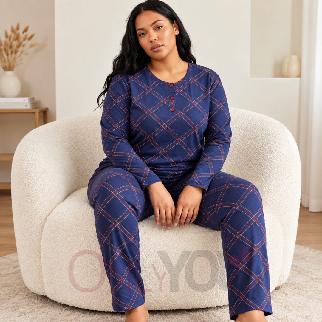 Макси памучна пижама  40890 Blue Plaid