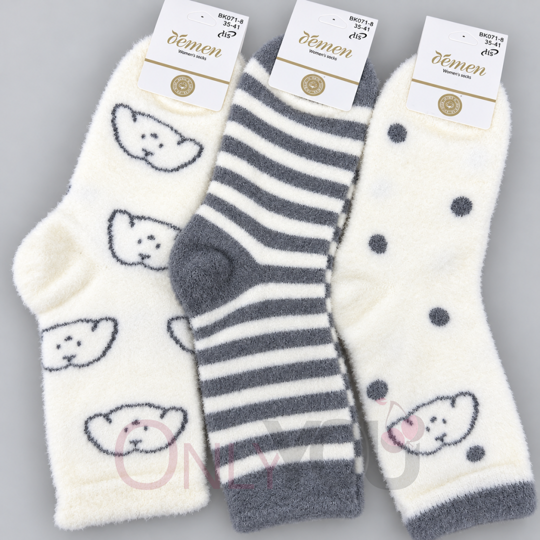 Комплект 3 чифта дамски пухени вълнени чорапи 071-8-1 WhiteGrey 