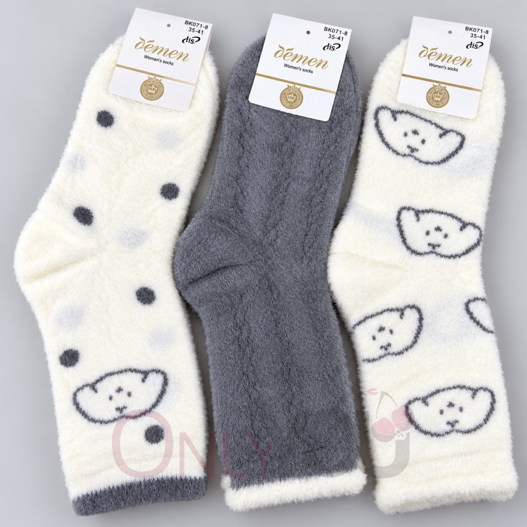 Дамски пухени вълнени чорапи,комплект 3 чифта 071-8-2 WhiteGrey 
