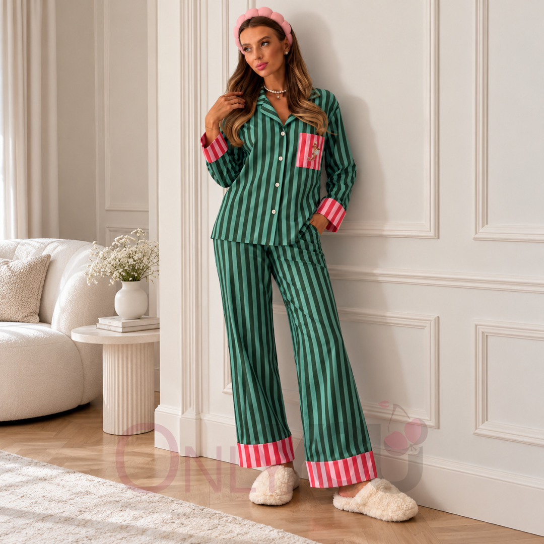 Дамска памучна пижама с копчета 1010 Green Stripe